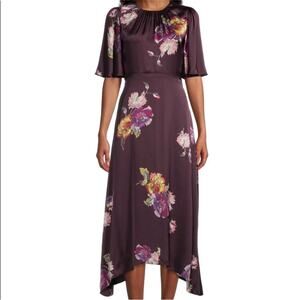 Rebecca Taylor Plum Purple Floral Silk Midi Dress Simone Fleur Flutter Sleeve 4
